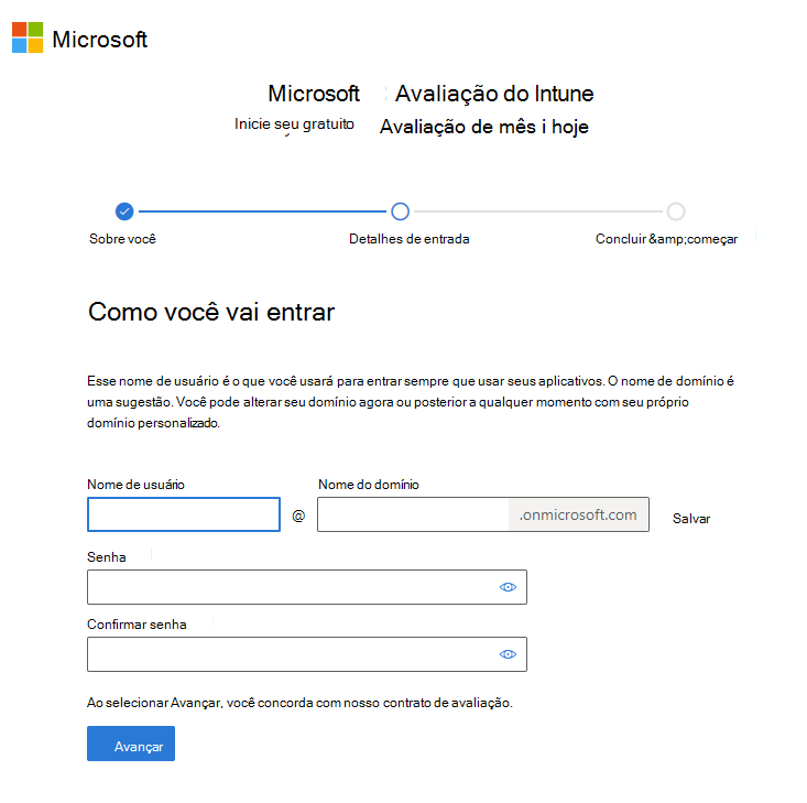 Captura de ecrã a mostrar a página configurar Microsoft Intune conta – Iniciar sessão