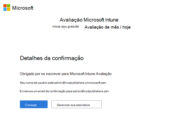 Captura de ecrã da página Microsoft Intune configurar a conta – Detalhes de confirmação