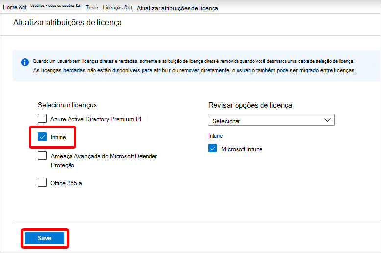 Captura de tela da seção Licenças do produto do centro de administração do Microsoft 365.