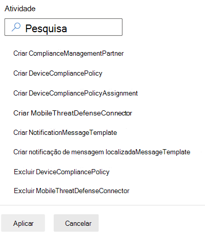 Filtre os registos de auditoria por categoria de conformidade e selecione uma atividade no Microsoft Intune e no centro de administração do Intune.