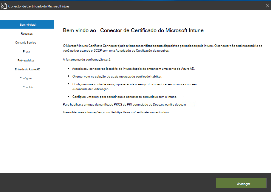 Página de boas-vindas do assistente do Certificate Connector para Microsoft Intune.