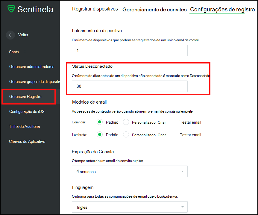 Configurações de registro do Lookout no módulo Sistema