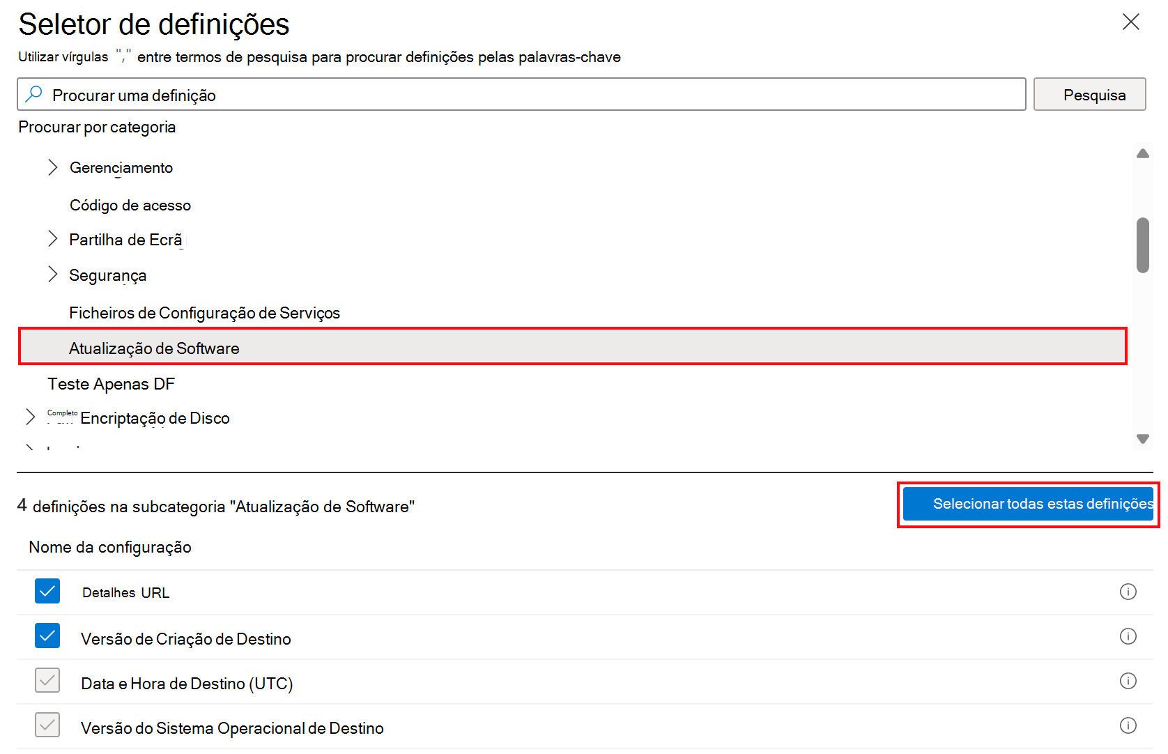 Captura de ecrã que mostra as definições de atualização de software do catálogo de definições para dispositivos Apple no Microsoft Intune.