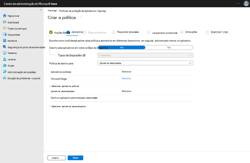 Captura de ecrã da configuração de uma política de proteção de aplicações com o Microsoft Edge como uma aplicação pública.