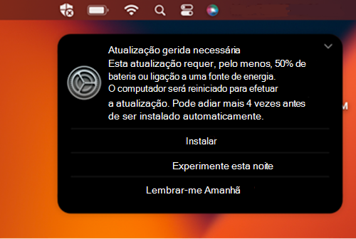 O pedido de notificação de exemplo para uma atualização necessária num dispositivo macOS da Apple.