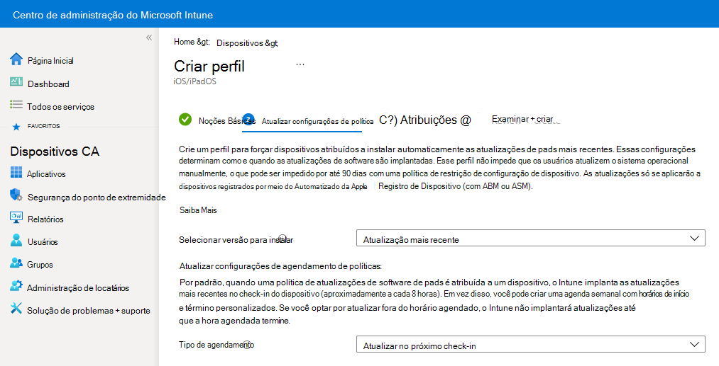 Captura de ecrã que mostra as definições de política de atualização de software de exemplo no Microsoft Intune.