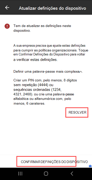 Captura de ecrã do ecrã Atualizar definições do dispositivo do Portal da Empresa a realçar o botão RESOLVER e o botão CONFIRMAR DEFINIÇÕES DO DISPOSITIVO.