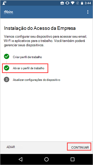 Captura de ecrã da Configuração de Acesso da Empresa a mostrar que o perfil de trabalho está ativo.