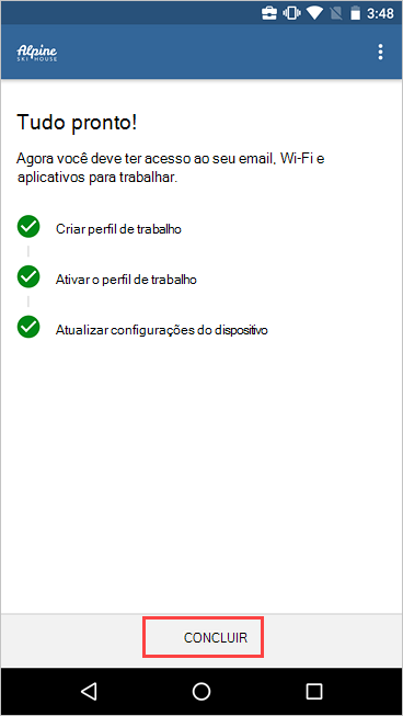 Captura de ecrã a mostrar Portal da Empresa ecrã Configuração de Acesso à Empresa do Portal da Empresa, com a configuração concluída e a realçar o botão Concluído.