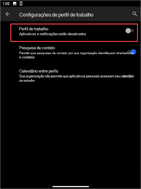 Captura de ecrã do botão de alternar Perfil de trabalho desativado nas definições do dispositivo Surface Duo.