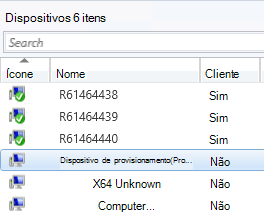 O nó Dispositivos na consola do Configuration Manager ordenado pela coluna Ícone.