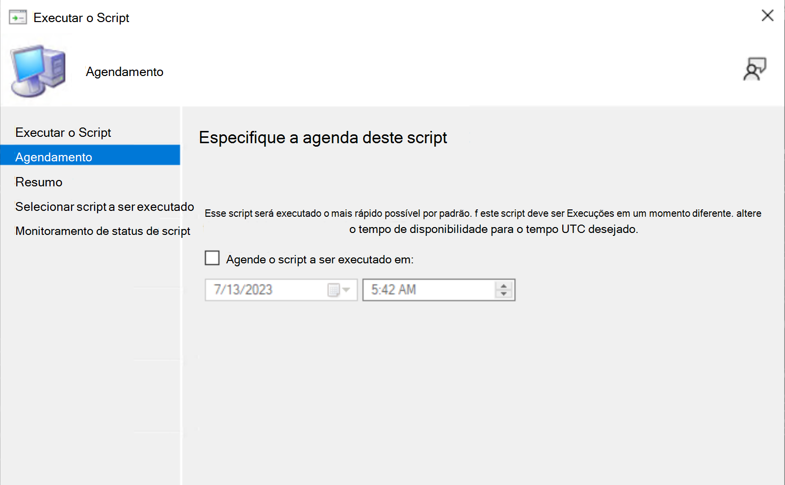 Uma captura de tela do assistente de script de agendamento.