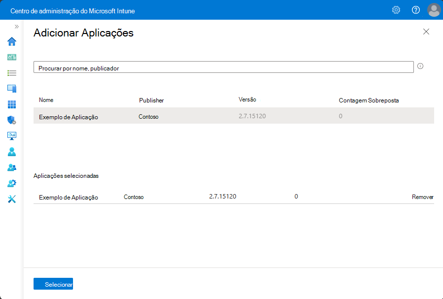 Captura de ecrã do painel Adicionar Aplicações ao substituir uma aplicação