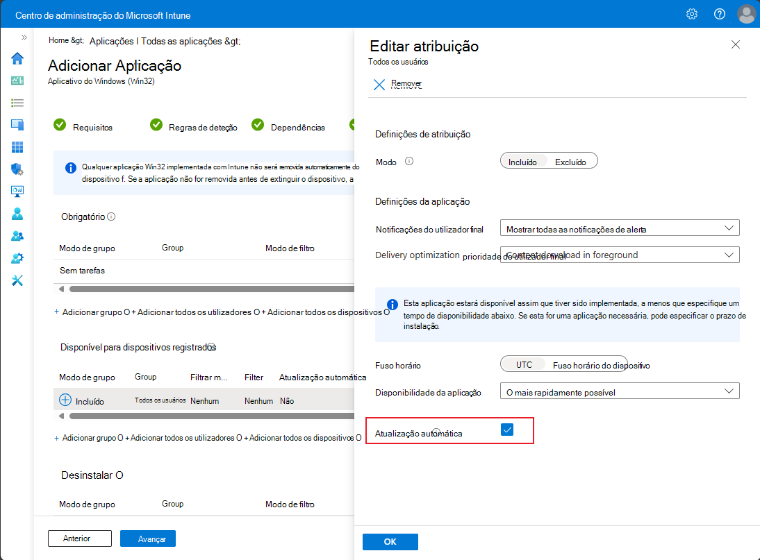 Captura de ecrã do painel Editar atribuição ao definir a atualização automática