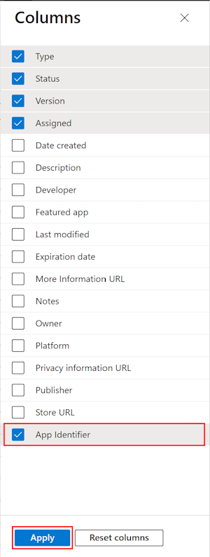 Captura de ecrã que mostra como selecionar a coluna ID do Pacote de Aplicações em Todas as Aplicações no Microsoft Intune e no centro de administração do Intune.