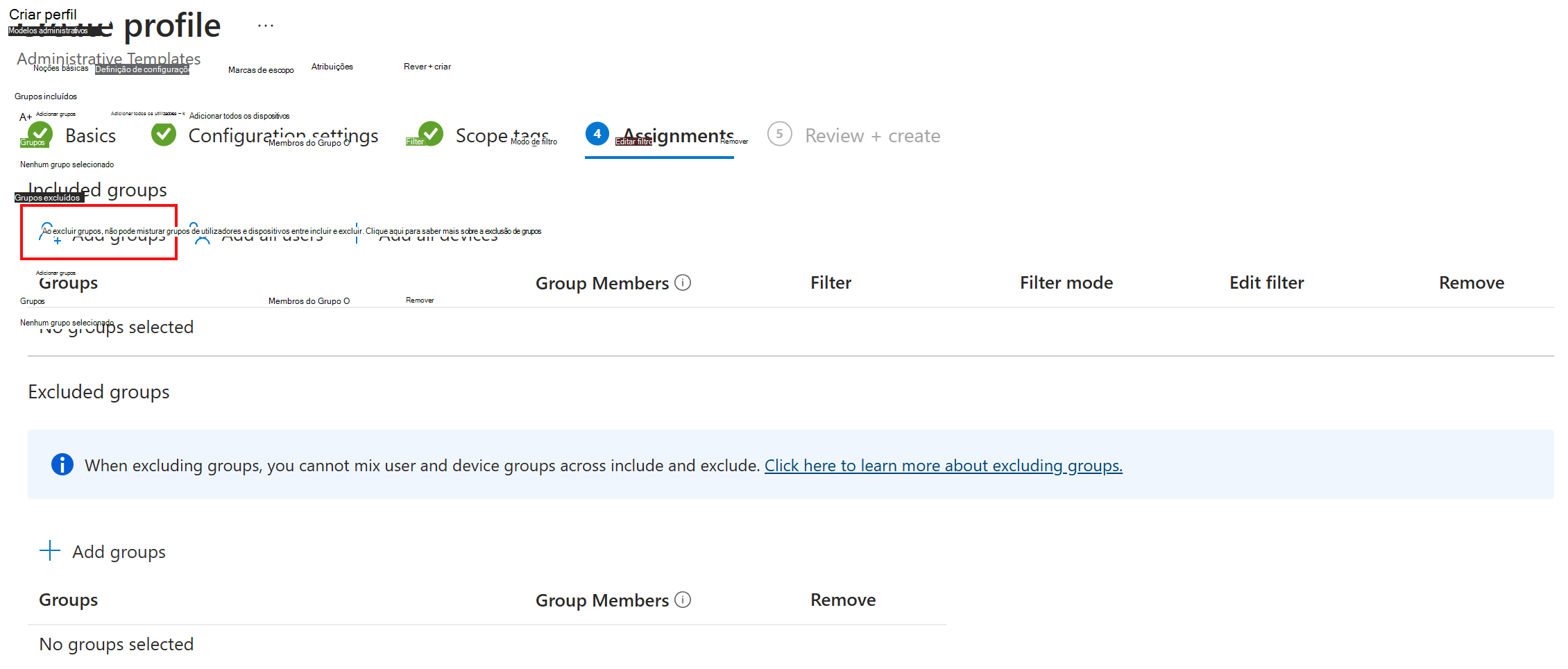 Captura de ecrã a mostrar Atribuir ou implementar o modelo de política do ADMX para utilizadores ou grupos no Microsoft Intune e Intune centro de administração.