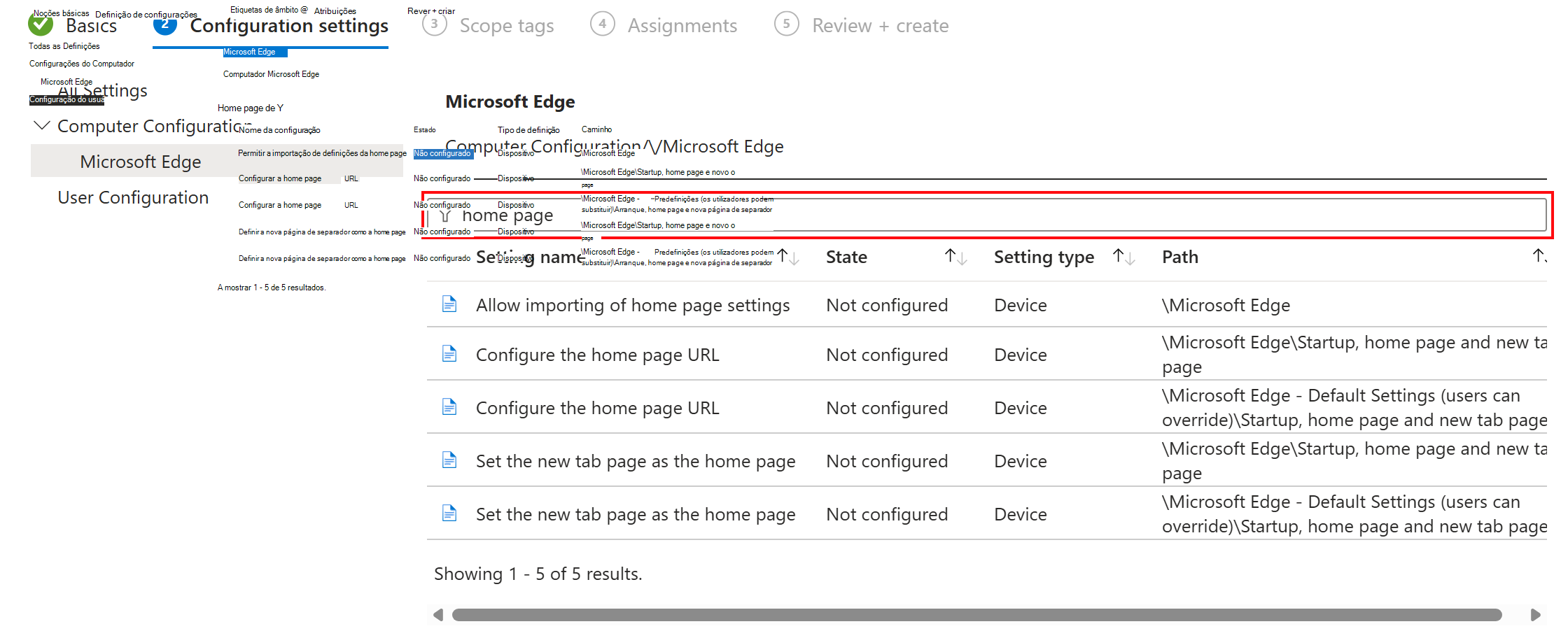 Captura de ecrã a mostrar Utilizar a pesquisa para filtrar as definições do ADMX no Microsoft Intune e Intune centro de administração.