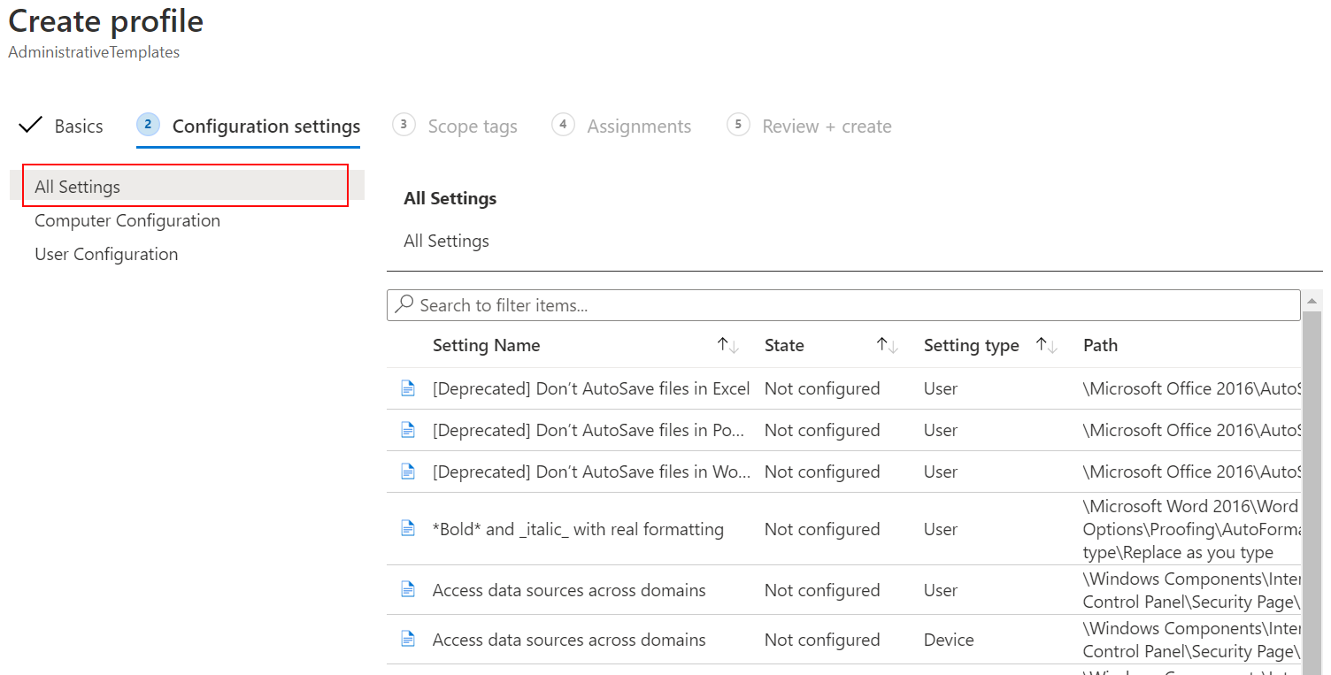 Captura de tela que mostra como selecionar Todas as Configurações usando a política de modelo ADMX no Microsoft Intune.