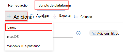 Captura de ecrã que mostra como selecionar dispositivos, scripts, adicionar e selecionar Linux na lista pendente para adicionar um script Bash personalizado no Microsoft Intune.