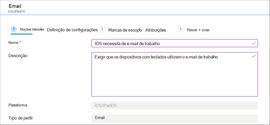 Crie um perfil de configuração de dispositivos de e-mail para dispositivos iOS/iPadOS no Microsoft Intune e Intune centro de administração.