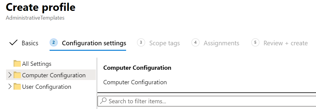 Captura de ecrã que mostra como aplicar definições de modelo ADMX a utilizadores e dispositivos no Microsoft Intune.