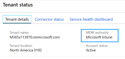 Captura de ecrã que mostra como definir a autoridade de MDM para Microsoft Intune no seu status de inquilino.