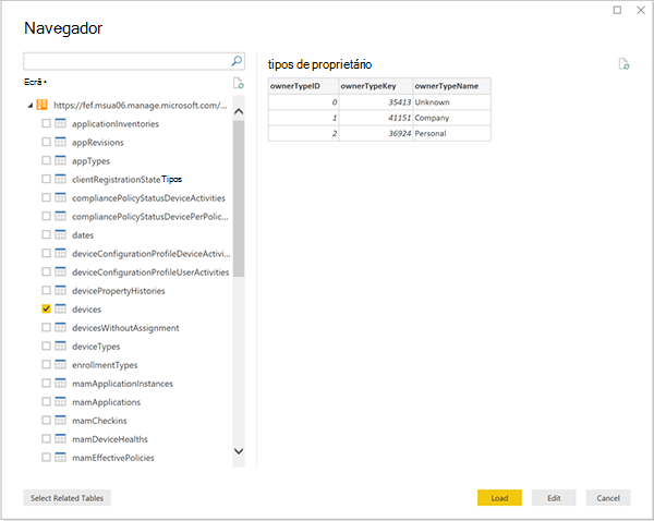 Captura de ecrã do Navegador – a lista de Data Warehouse tabelas.