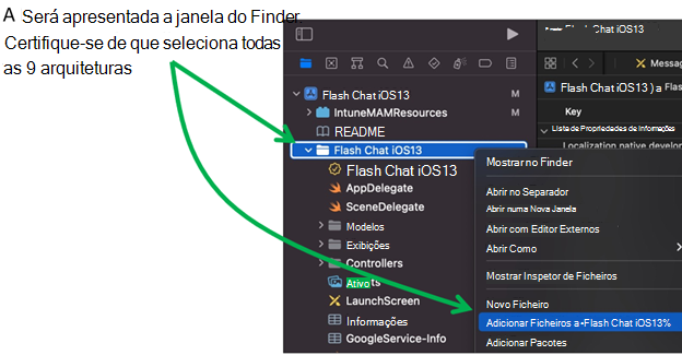 Ecrã que mostra como adicionar ficheiros ao projeto de aplicação no Xcode num dispositivo macOS.