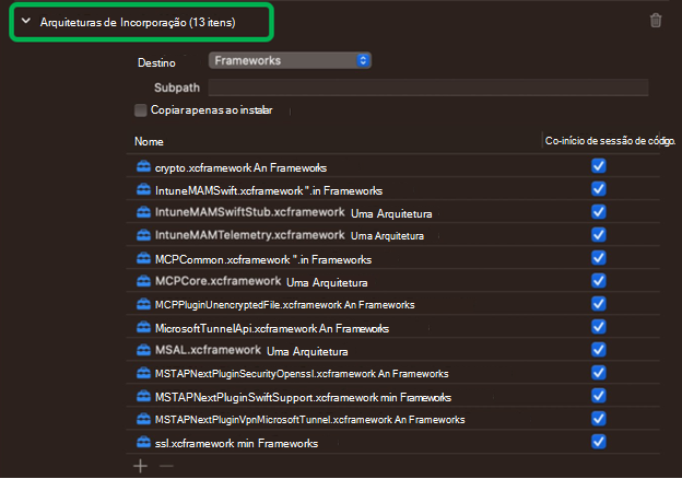 Captura de ecrã que mostra todas as arquiteturas do Túnel Microsoft incorporadas no Xcode num dispositivo macOS.