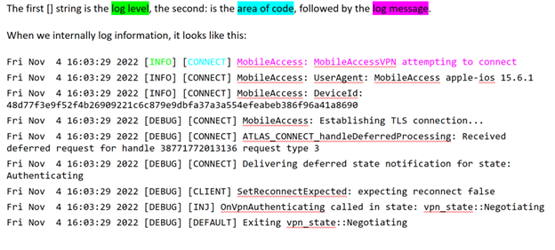 Captura de ecrã a mostrar uma saída de registo do Microsoft Tunnel de exemplo no Xcode num dispositivo macOS.