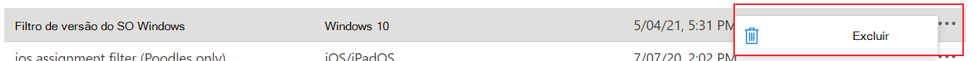 Captura de ecrã que mostra como eliminar um filtro no Microsoft Intune.