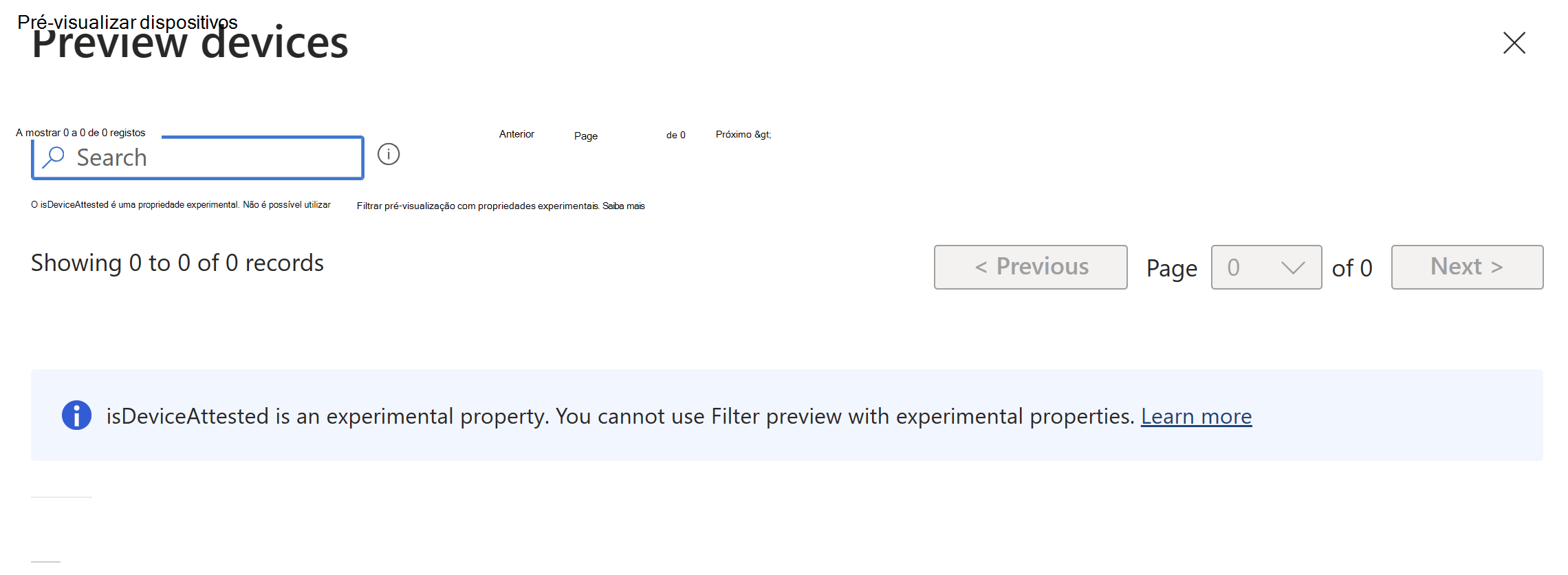 Captura de ecrã que mostra que não é possível utilizar a mensagem de pré-visualização do filtro ao clicar em Dispositivos de pré-visualização com uma propriedade de pré-visualização na sintaxe da regra de filtro no Microsoft Intune.