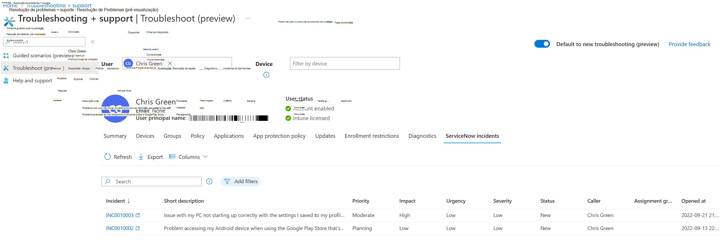 Captura de ecrã que mostra a vista incidentes do Service Now com uma lista de todos os incidentes do utilizador selecionado.