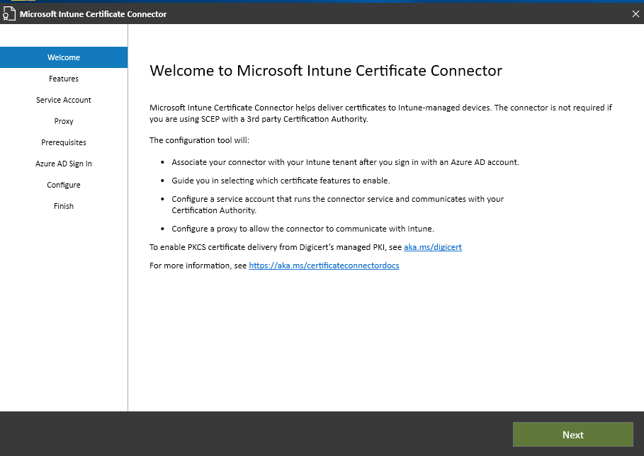 Página de boas-vindas do assistente do Certificate Connector para Microsoft Intune.