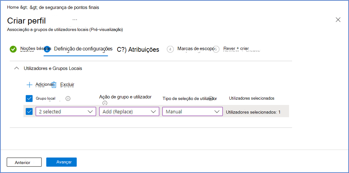 Captura de ecrã da página Definições de configuração para configurar o perfil.