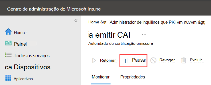 Captura de ecrã de exemplo a realçar a ação Pausa para PKI em nuvem.