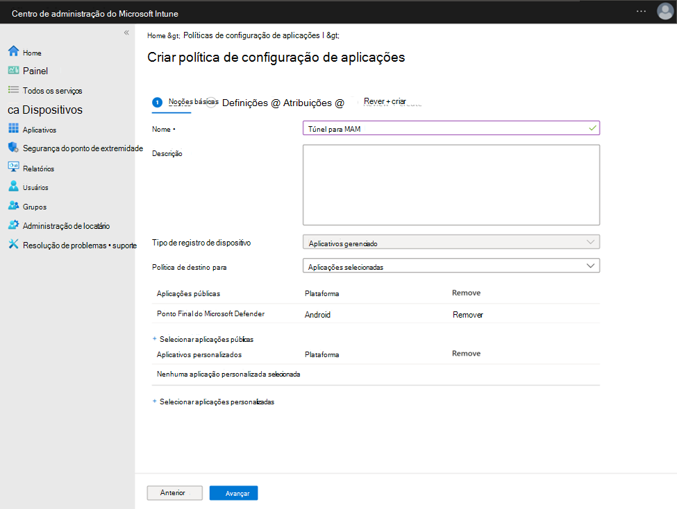 Captura de ecrã da configuração de uma política de configuração de aplicações com Microsoft Defender Ponto final como uma aplicação pública.