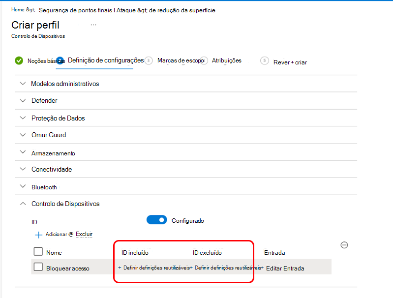 Captura de ecrã a mostrar o painel Selecionar Definições reutilizáveis para perfis de controlo de dispositivos.