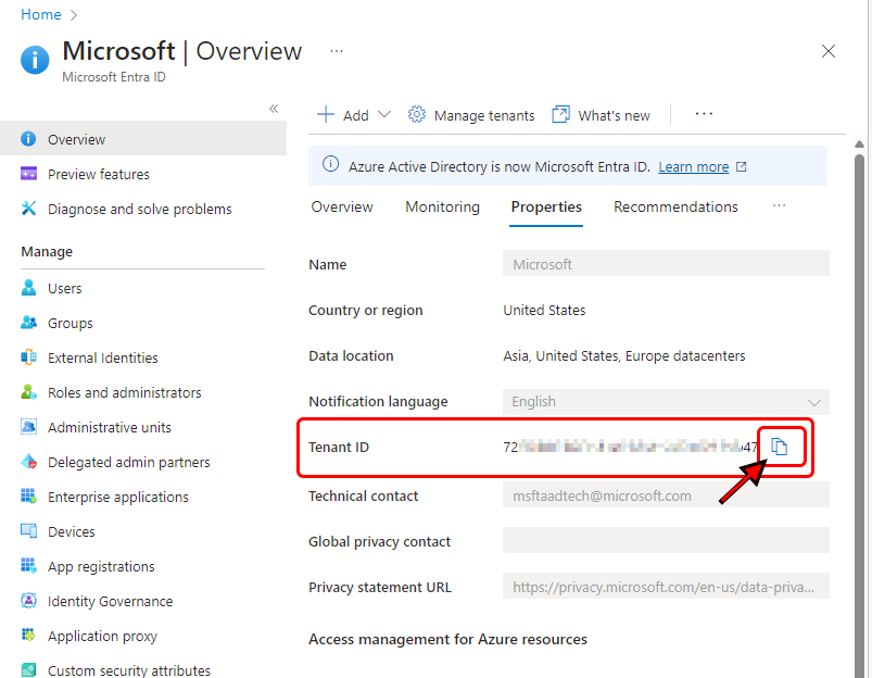 Imagem a mostrar o ID do Inquilino no portal do Azure