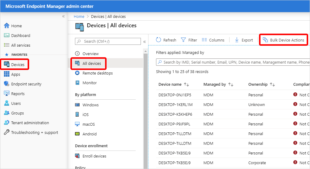 Bulk device actions