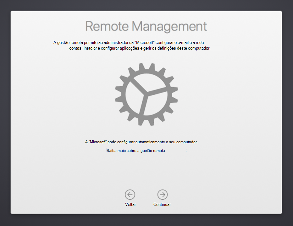 Captura de ecrã do ecrã Gestão Remota do Assistente de Configuração do dispositivo macOS, com texto a explicar a gestão remota e uma ligação para a documentação para obter mais informações. Também mostra um botão Anterior e o botão Continuar.