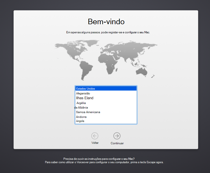 Captura de ecrã a mostrar o ecrã de Boas-vindas do Assistente de Configuração do dispositivo macOS, com uma lista de idiomas a selecionar.