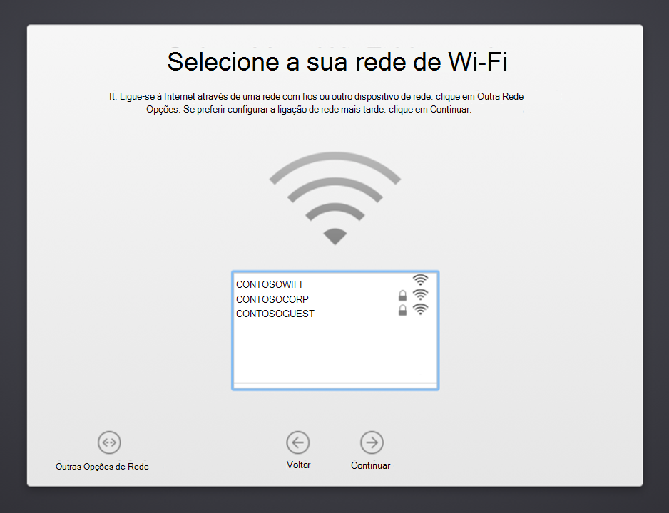 Captura de ecrã a mostrar o Assistente de Configuração do dispositivo macOS Selecione a sua Wi-Fi Ecrã de rede, com uma lista de redes disponíveis à escolha. Também mostra o botão Outras Opções de Rede, o botão Anterior e o botão Continuar.