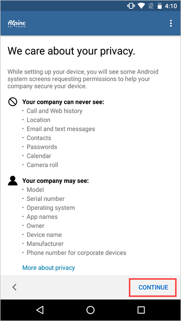 Captura de ecrã a mostrar Portal da Empresa estamos preocupados com o seu ecrã de privacidade, realçando o botão Continuar.