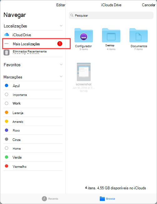 Captura de ecrã de exemplo do iCloud Drive, menu Procurar a realçar a opção Mais Localizações.