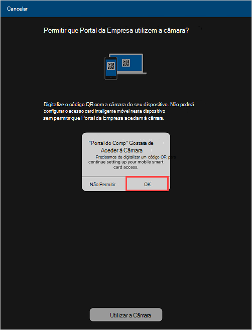 Captura de ecrã de exemplo de um pedido de Portal da Empresa a pedir permissão para permitir o acesso à câmara.