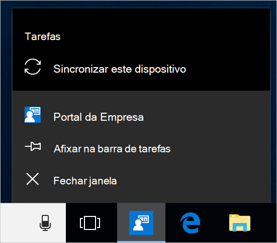 Captura de ecrã a mostrar a barra de tarefas do Windows no ambiente de trabalho de um dispositivo. Portal da Empresa ícone da aplicação foi selecionado e mostra um menu com as opções 