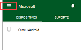 Captura de ecrã a mostrar Portal da Empresa aplicação, a realçar o botão de menu.