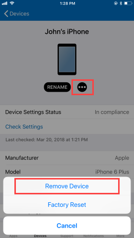 Screenshot of the Company Portal app Devices screen, showing options after user has clicked Remove. Shows "Remove Device" button, "Factory Reset" button, and "Cancel" button.