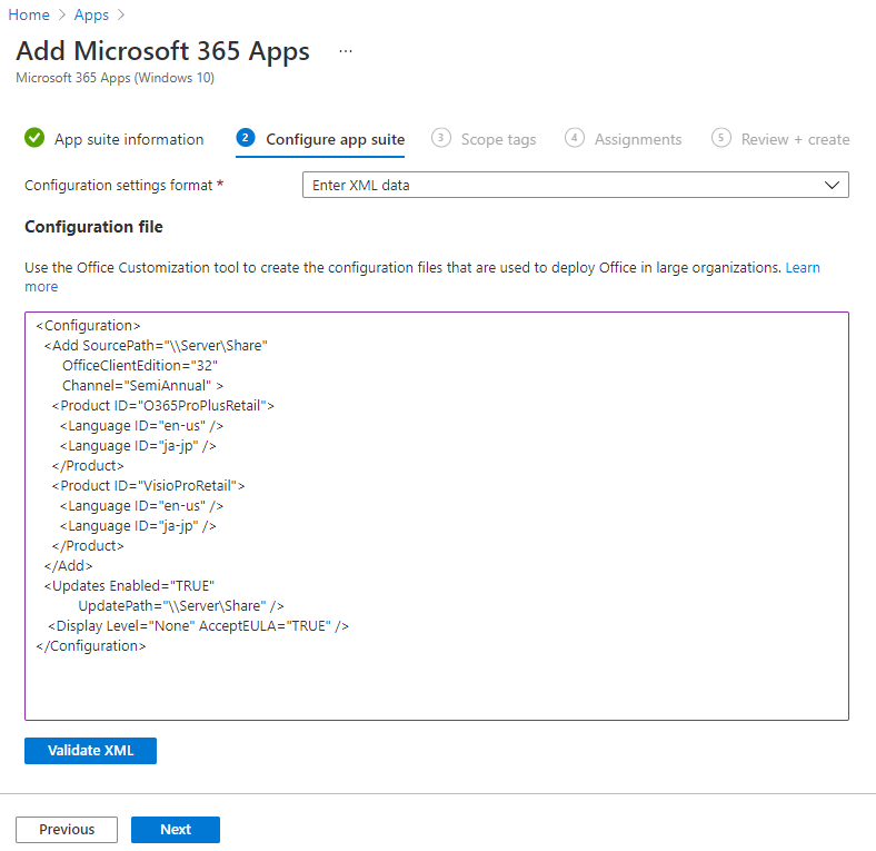 Captura de ecrã: Adicionar o Microsoft 365 – Estruturador de configuração – exemplo XML.